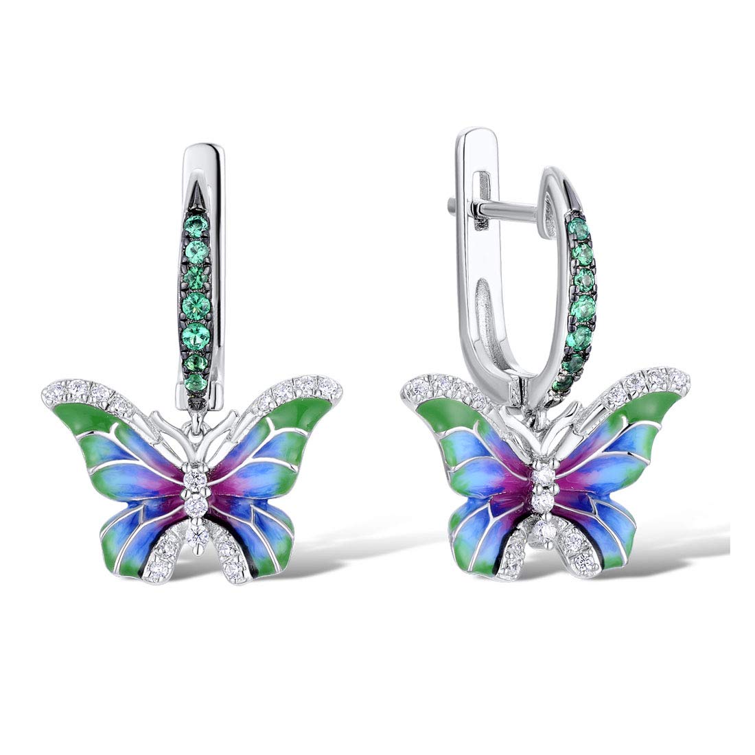 Namana Stunning Butterfly Earrings for Women. 925 Sterling Silver Earrings for Women with Green and White Cubic Zirconia Gemstones and Colourful Enamel Details. Silver Dangle Earrings for Women