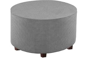 VIENLOVE Round Ottoman Slipcover Polyester Blend Footstool Protector Covers Stretch with Elastic Bottom Feature Textured Machine Washable Jacquard Fabric (Gray, Medium Size)