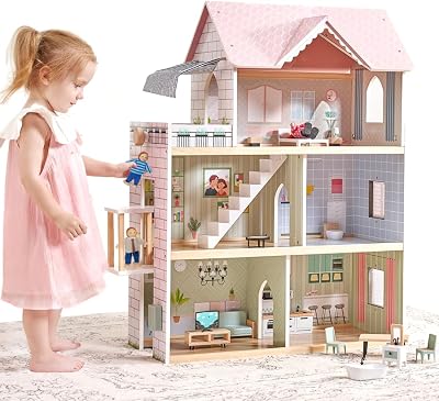Giant bean Wooden Dolls House 2.6ft Elevator Light 22 pcs Furnishings 3 Dolls