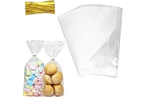 QOIUSO 100pcs Cellophane Treat Bags: 5 x11 Inch Clear Cellophane Gift Bags for Treat Candy Snacks Cookies Dessert Bakery Gift Wrapping - Plastic Goodie Bags with 110 Twist Ties for Party Favors