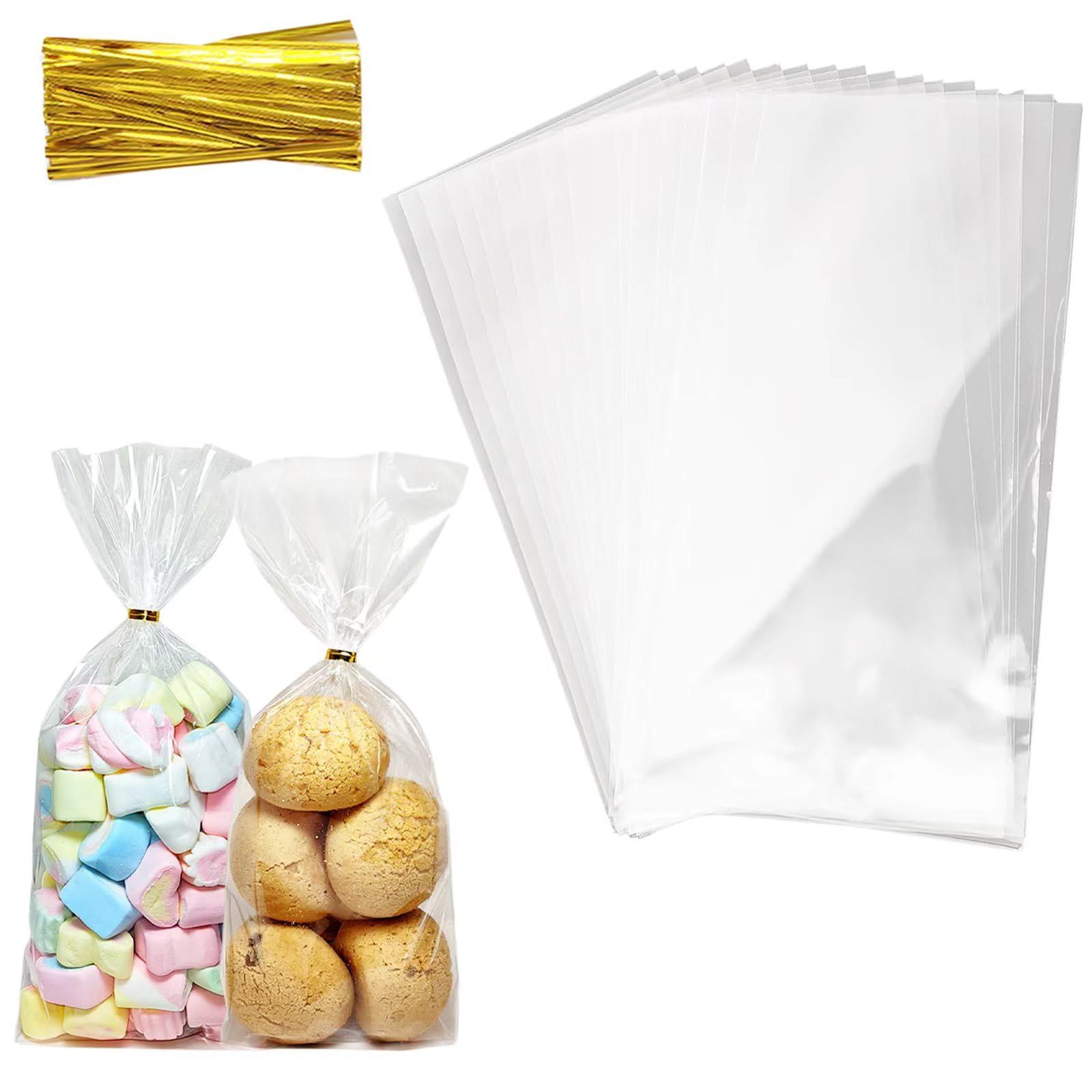 Photo 1 of QOIUSO 100pcs Cellophane Treat Bags: 5 x11 Inch Clear Cellophane Gift Bags for Treat Candy Snacks Cookies Dessert Bakery Gift Wrapping - Plastic Goodie Bags with 110 Twist Ties for Party Favors