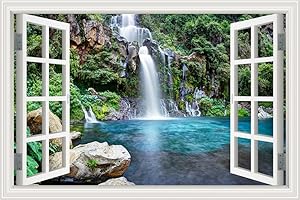 Removable Wall Murals Peel and Stick Waterfall Window Scenes 3D Wall Sticker Vinyl Wallpaper Decorations for Bathroom Home De