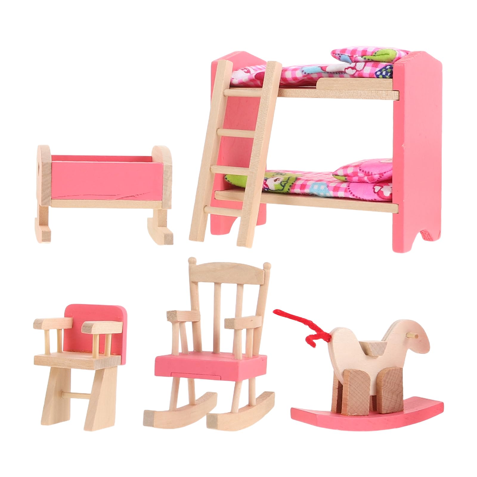 Photo 1 of JOINPAYA 1:12 Scale Wood Bunk Bed Dollhouse Furniture Setith Ladder and Rocking Horse, DIY Miniature Accessories for Dollhouse Bedroom Decoration