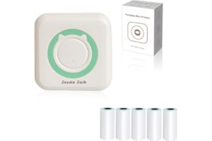 THCBME Doodle Dash Printer Mini Printer Sticker Maker Bluetooth Connection Cell Phone, Tablet With 5 Self-Adhesive Rolls Printing Paper Wireless Inkless Pocket Printer Suitable for Photos, Study (White-blue)