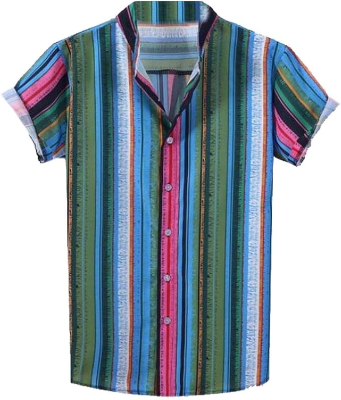 JYZJ Men's Short Sleeve Striped Loose Casual Button Up Beach Shirt Top