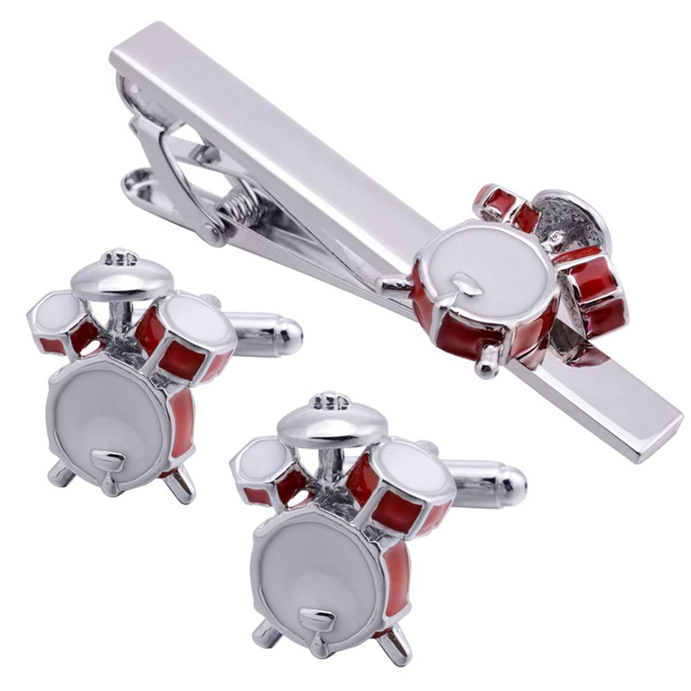 Drum Kit Music Shirt Silver Tie Clip and Cufflinks Set