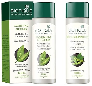Biotique Morning Nectar Flawless Skin Lotion for All Skin Types, 190ml & Bio Soya Protein Fresh Nourishing Shampoo, 190ml Combo