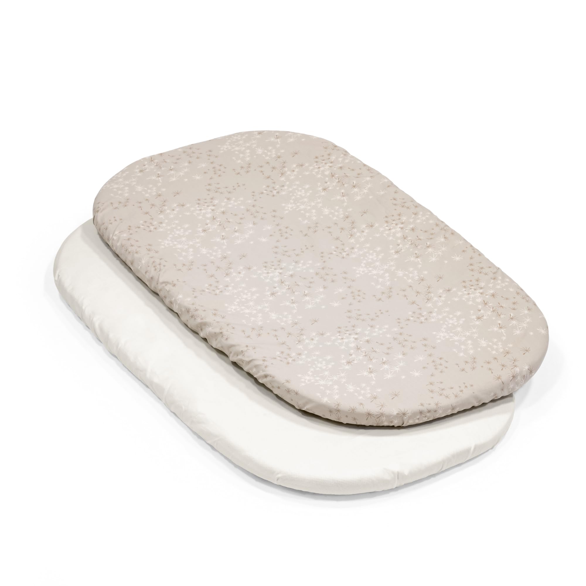 Stokke Snoozi Fitted Sheets - Includes 1 Dandelion Beige & 1 Vanilla Cream - Made to Fit The Oval Snoozi Mattress - Soft, Organic Cotton - Machine Washable