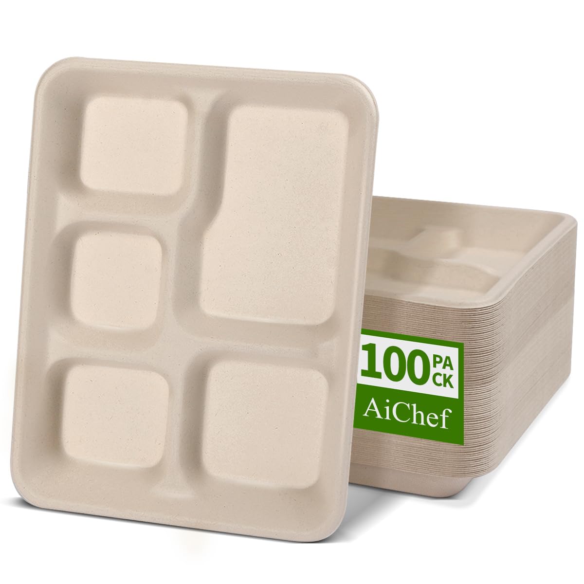 Photo 1 of AICHEF 5 Compartment Paper Plates 100 Pack, 10 x 8 inch Disposable Lunch Trays, Divided Plates for School Lunch, Cafeteria, Buffet, Church and Party