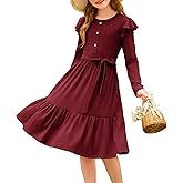 GRACE KARIN Girls Fall Long Sleeve Dress for Girl Rullfe Button Casual Flowy Tiered Dresses with Pocket 6-14Years