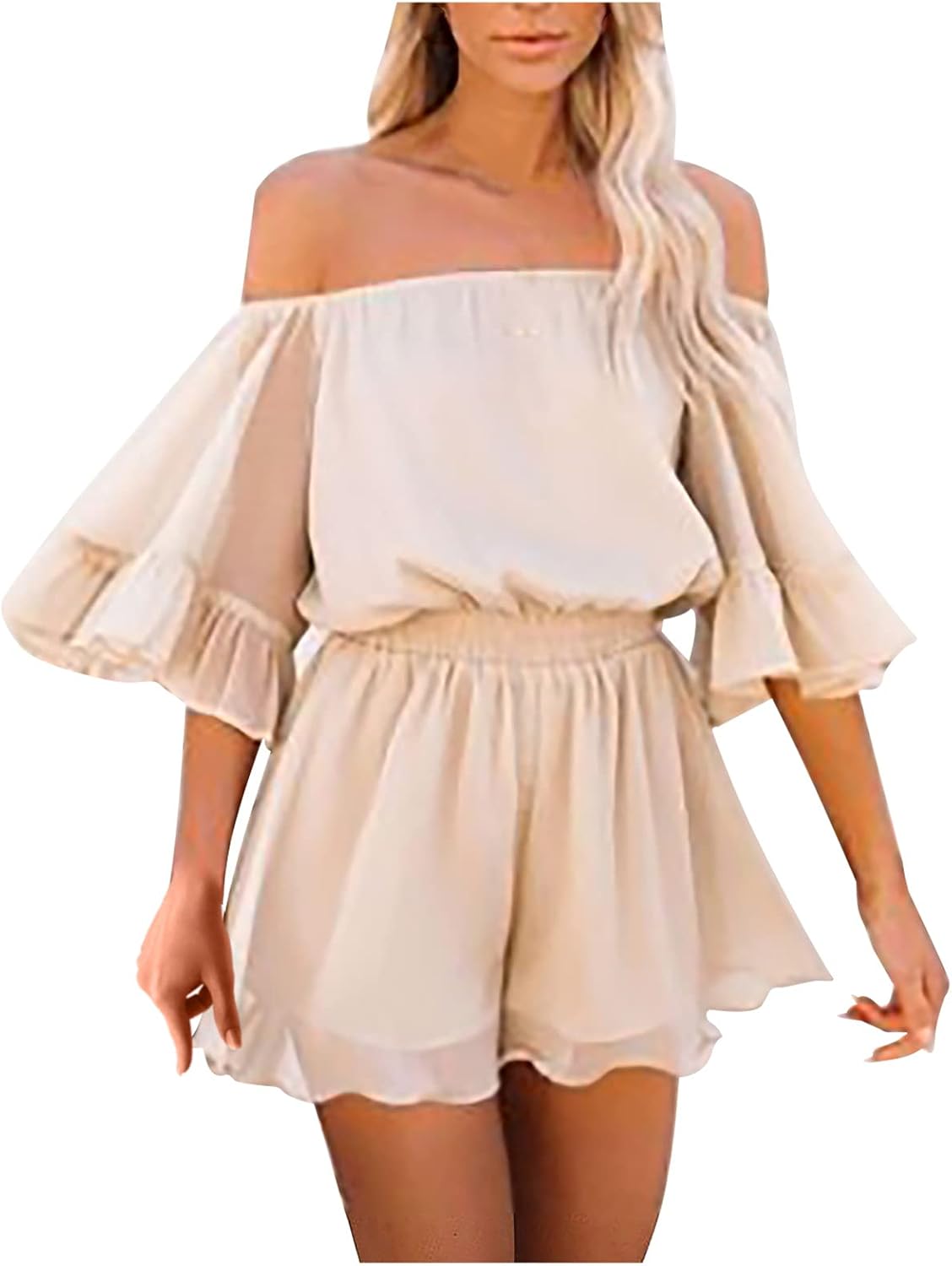 Schulterfrei Sexy Jumpsuit Kurz Hose Damen 3/4 Ärmel Rüsche Süss Kurz