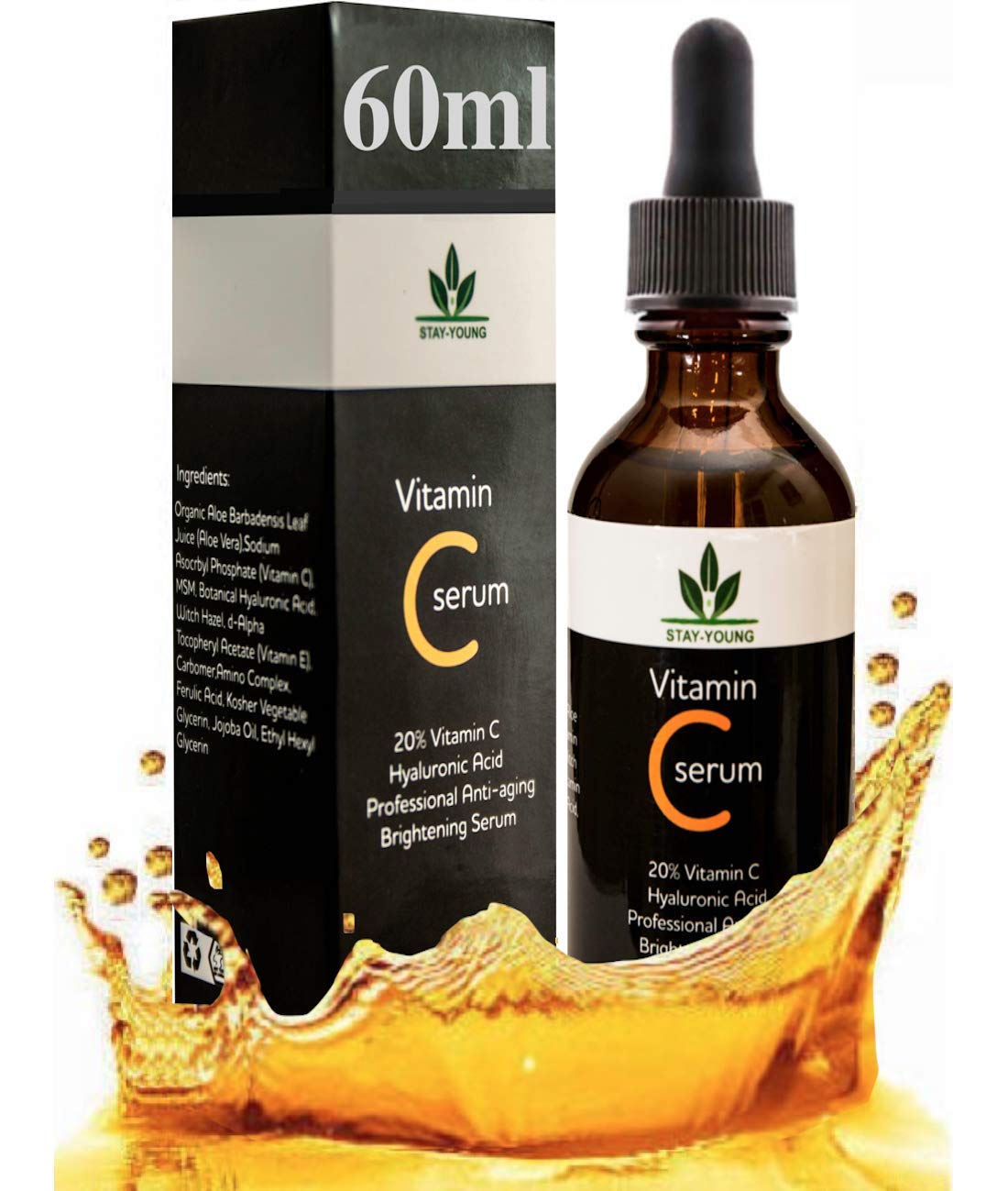 Vitamin C Serum für das Gesicht - Riesig 60ml Flasche - Beste Natürliche Formel mit Klinische Stärke von reines Vitamin C, Hyaluronsäure, Vitamin E & Bio-Jojobaöl - Für Alle Hauttypen