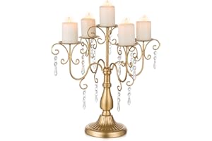 Sziqiqi Candelabra Centerpieces Gold Candle Holder - 5 Arm Pillar Candle Holders with Crystal Beads for Christmas Table Centrepiece Halloween Wedding Candleholders Decoration