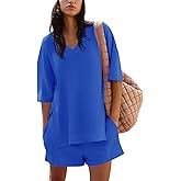 Yousify Womens 2 Piece Sets Summer Outfits 2025 Lounge Set 3/4 Sleeve Oversized Tops And Elastic Waist Shorts With Pockets