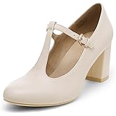 DREAM PAIRS Low Chunky Heels for Women T-Strap Mary Jane Pumps Wedding Dress Shoes