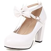 ForeMode Bow Mary Jane Shoes High Heels Closed Round Toe Pumps Leather Summer Sweet Shoe