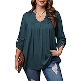 Angelips Women's Plus Size Tops V Neck Roll Up 3/4 Sleeve Tunic Pleated Casual Shirts Trendy Dressy Flowy Going Out Blouse