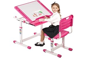 DKELI Kids Desk and Chair Set Height Adjustable Ergonomic Children Sturdy Table with Drawer Storage Childs Study School Desk Interactive Workstation Kids Art Writing Desk Furniture for Girls Boys
