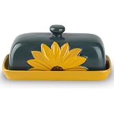 Ceramic Sunflower Covered Butter Dish With Lid Yellow Tray Green Lid Keeper | Covered ceramic butter dish with 3D sunflower relief yellow tray dark green lid Butter Keeper Countertop Farmhouse