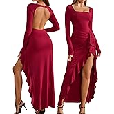 GLNEGE Women Long Sleeve Backless Bodycon Formal Maxi Dress Square Neck Ruffle Slit Wedding Guest Cocktail Dresses Fall