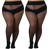 MERYLURE 2 Pack Plus Size High Waist Sheer Black Tights for Women, 20D Thin T-Crotch Pantyhose Sheer to Waist Stockings