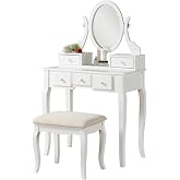 Roundhill Furniture Ashley Wood Make-Up Vanity Table and Stool Set, White