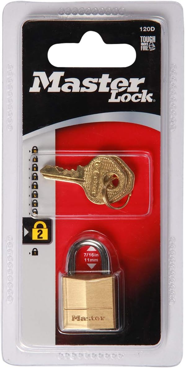 Master Lock Padlock, Solid Brass Lock, 3/4 in. Wide, 120T (Pack of 2-Keyed Alike) - Small Lock - 