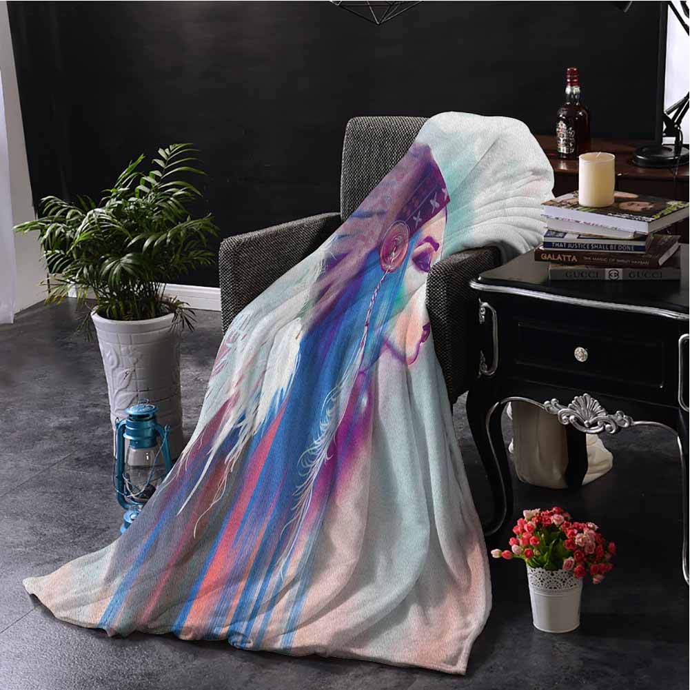 Luoiaax Native American Bedding Flannel Blanket Girl Smoking Pipe with Traditional Clothes Abstract Watercolor Background Super Soft and Comfortable Luxury Bed Blanket W70 x L90 Inch Multicolor