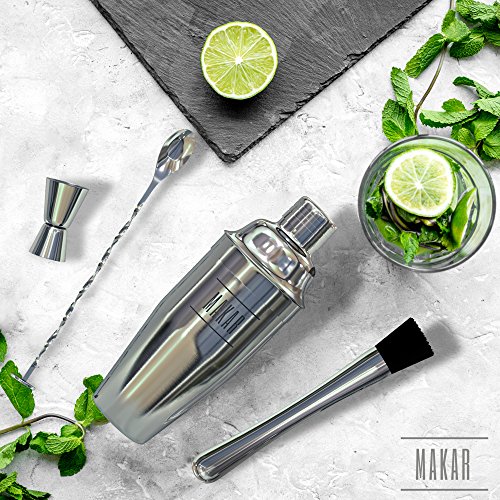Complete Cocktail Set including 24 oz Cocktail Shaker - Bartender Kit with Martini Shaker and Recipes - Professional 5 piece Bar Tools Mixology Kit - Barware Set with Drink Shaker