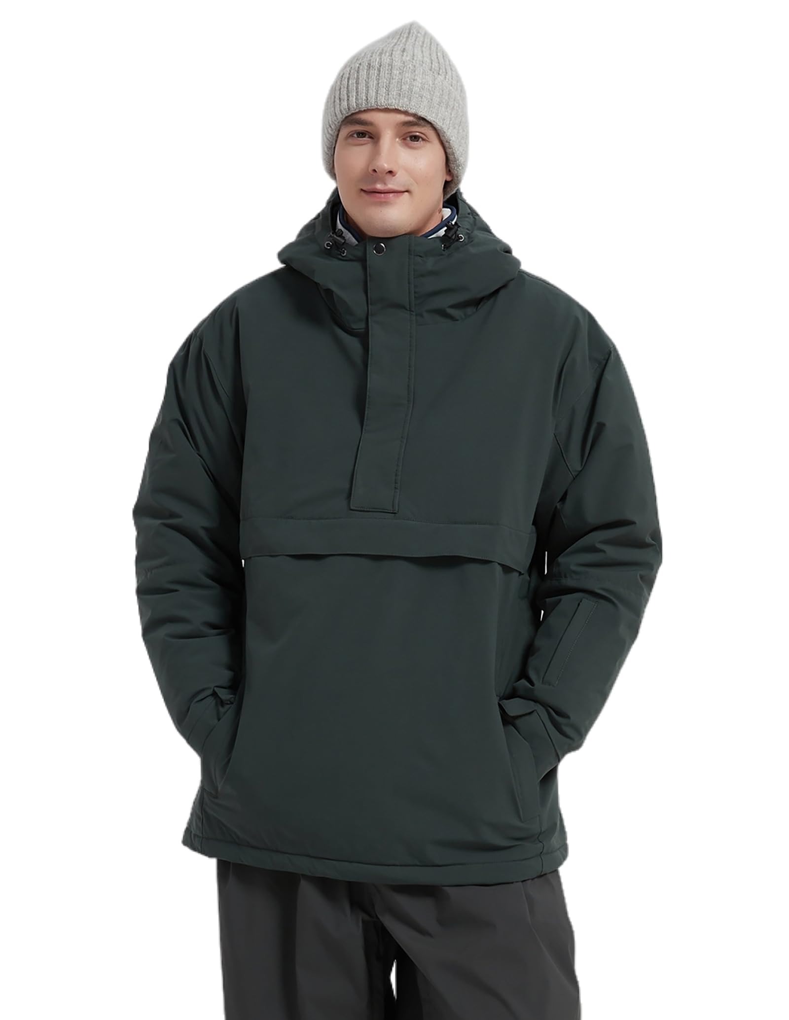 Photo 1 of SNBOCON Womens Mens Unisex Ski Snow Jacket Waterproof Windbreaker Hooded Warm Snowboarding Outwear Winter Half Zipper Loose Coat (S,Dark Green)