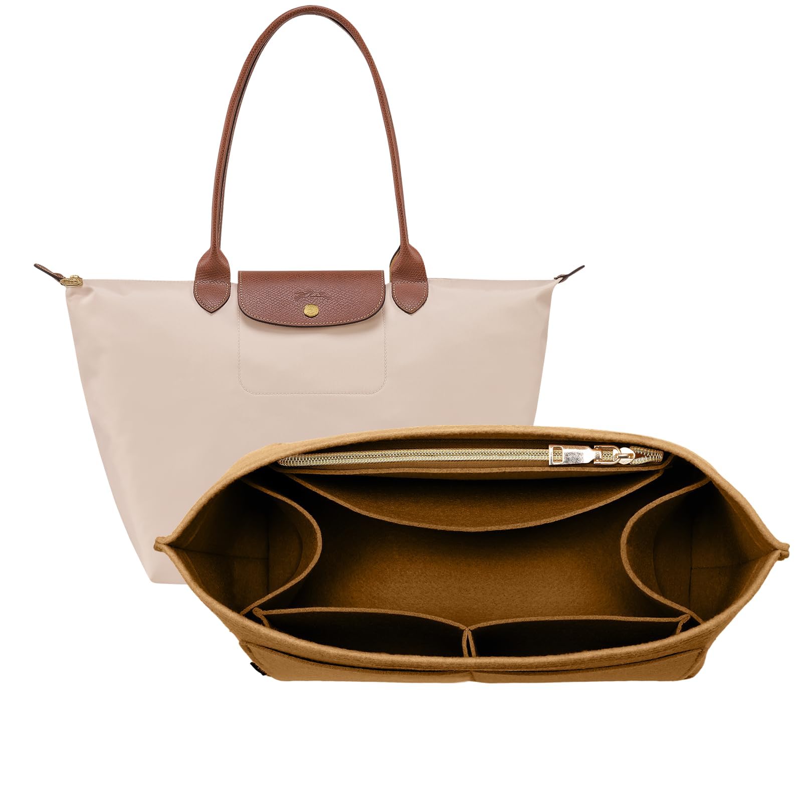 Photo 1 of Insert for purse OPPOSHE Purse Organizer Insert for Longchamp Le Pliage, Premium Felt Long Champ Bag Handbag Women, Tote Organizer Insert with 9 Compartments (Medium, Brown)