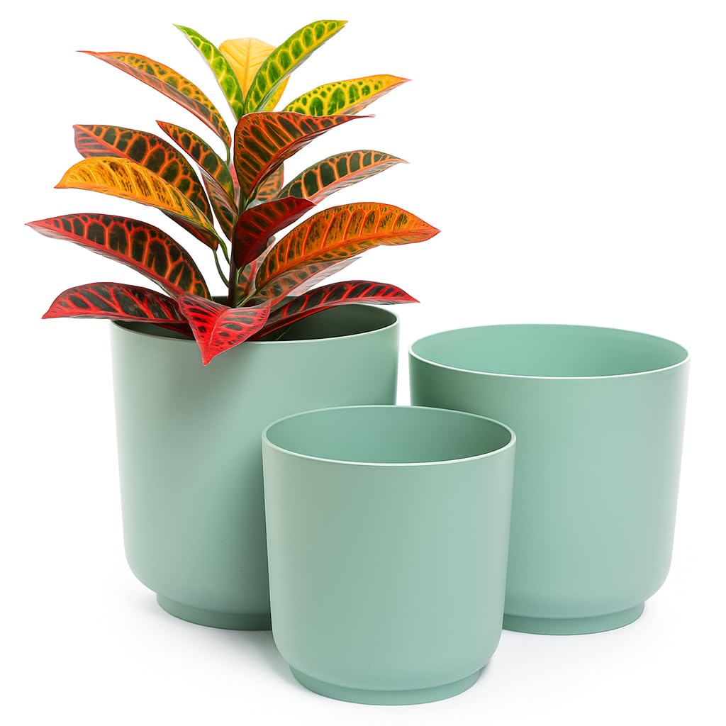 Home Garden Ornaments Luna Plant Pots Indoor – Indoor Plant Pot Set of 3 with Matte Surface, Flower Pots No Drainage Holes (Sizes: 13cm, 15cm, 17cm, Colour: Green Mint)