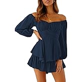Fixmatti Women off Shoulder Rompers Lantern Long Sleeve Ruffle Tie Mini Shorts Jumpsuit