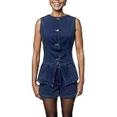 SOMTHRON Women's Denim 2 Piece Outfits Sleeveless Button Down Blazer Vest Tops High Waisted Jean Shorts Set