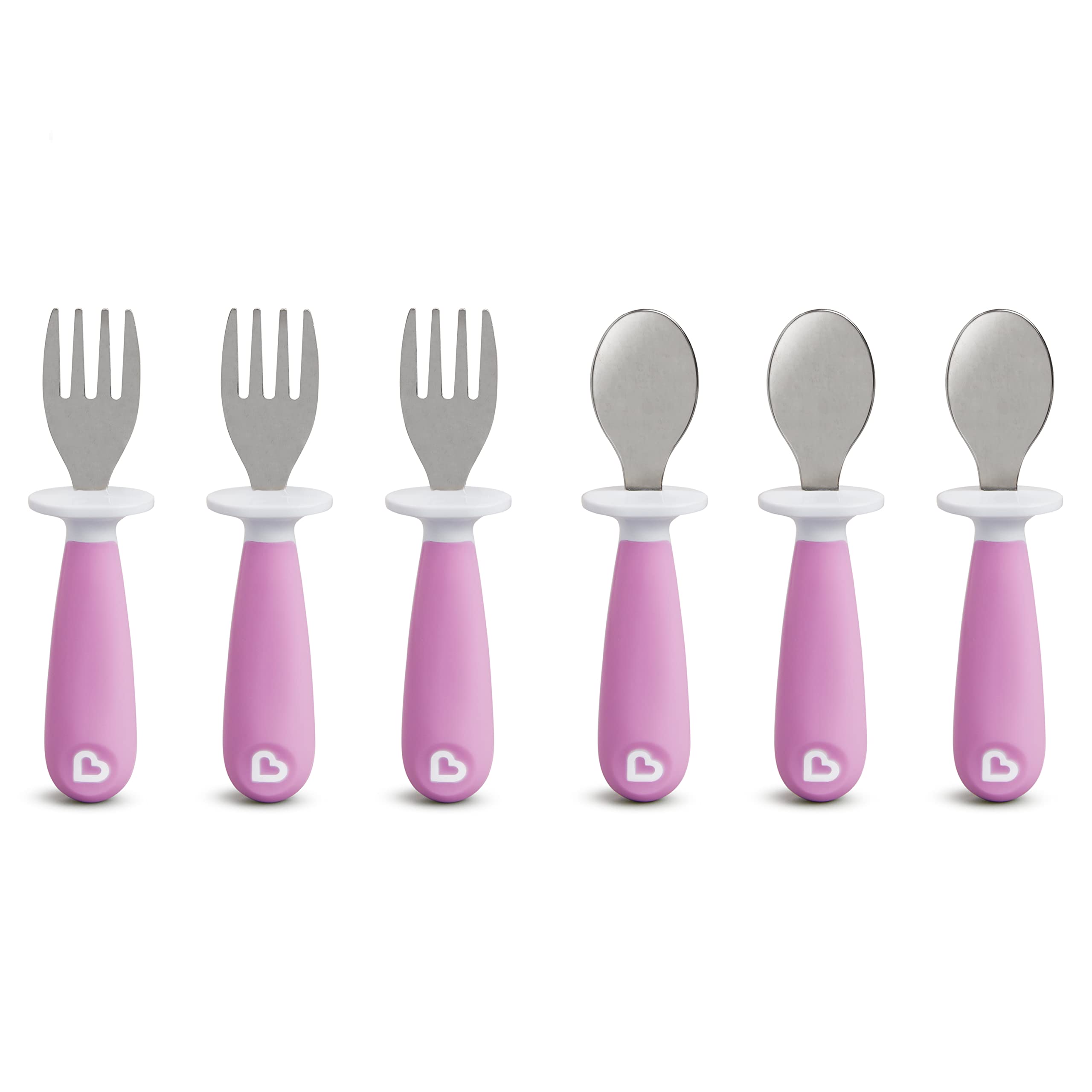 Juego de utensilios y tenedor para niños pequeños Munchkin® Raise™, el resto mantiene la punta fuera de la mesa, sin BPA, paquete de 6, morado