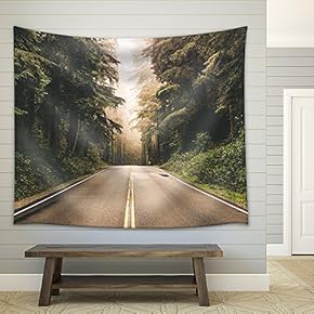 Foggy Straight Redwood Highway in Northern California, United States - Fabric Wall Tapestry Home Decor - 51x60 inches