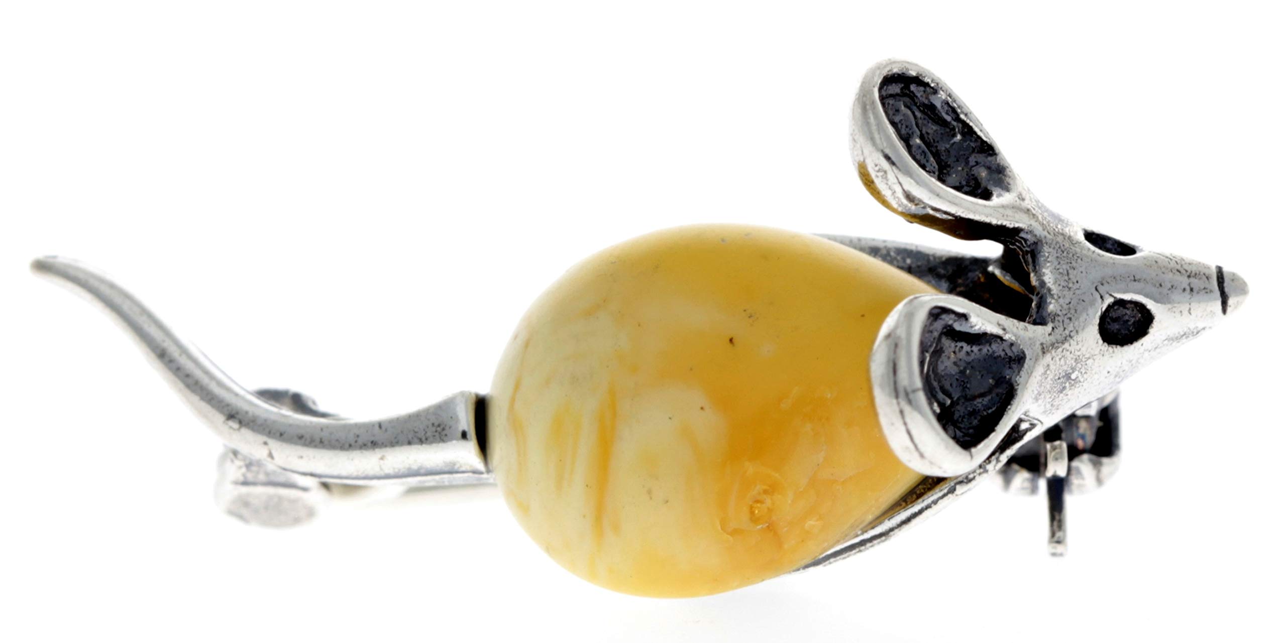 925 Sterling Silver & Genuine Lemon Baltic Amber Jewellery - Mouse Brooch 4107W