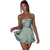 AGYMNX Women Sexy Spaghetti Strap Satin Dress Sleeveless Low Cut Backless Short Romper Dress Party Jumpsuit Mini Sundress