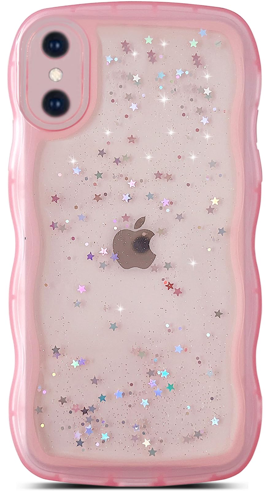 Photo 1 of Qokey for iPhone iPhone X/XS Case 5.8" Curly Wave Edge Transparent Bling Glitter Star Shiny Cute Full Protection Soft TPU Shockproof Cover for Women Girls,Pink