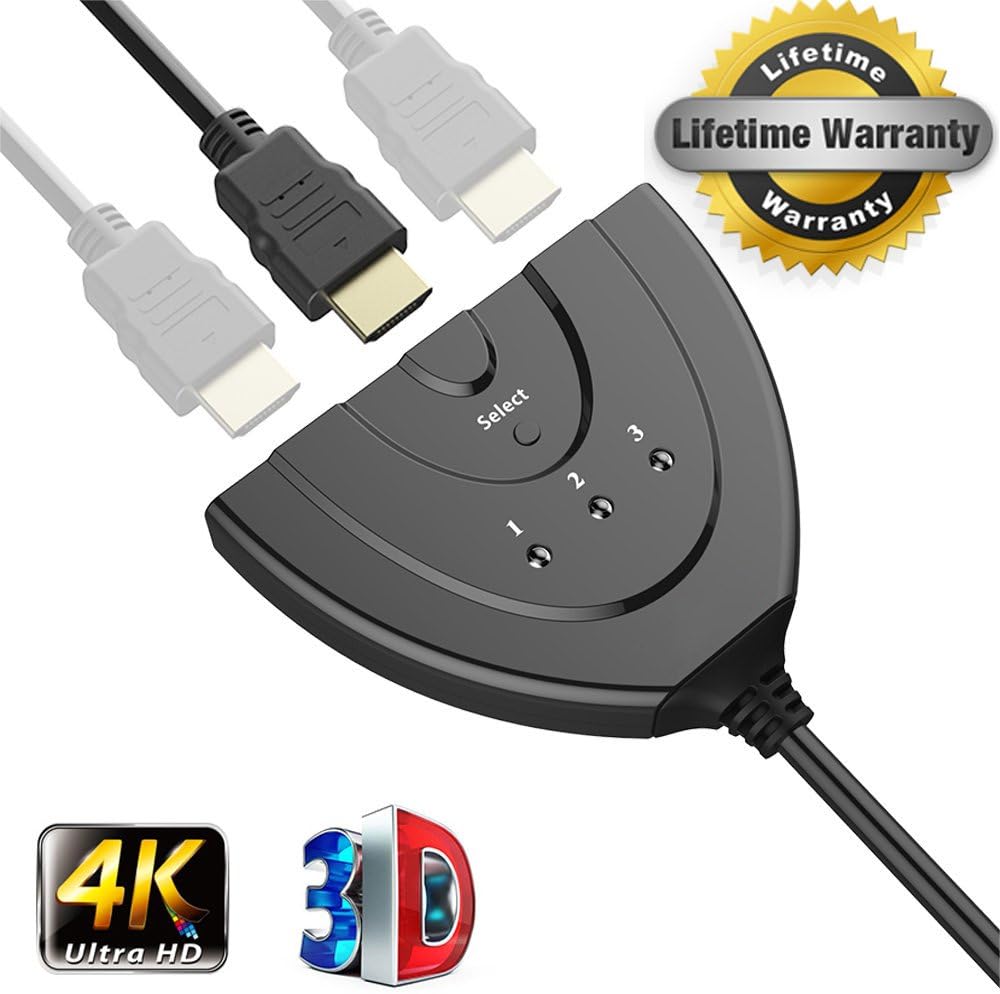 HDMI Selector Hdmi Switch with Pigtail Cable 3 Port HDMI Splitter-3 in 1 Out Support Full HD 4K 1080P 3D Player.