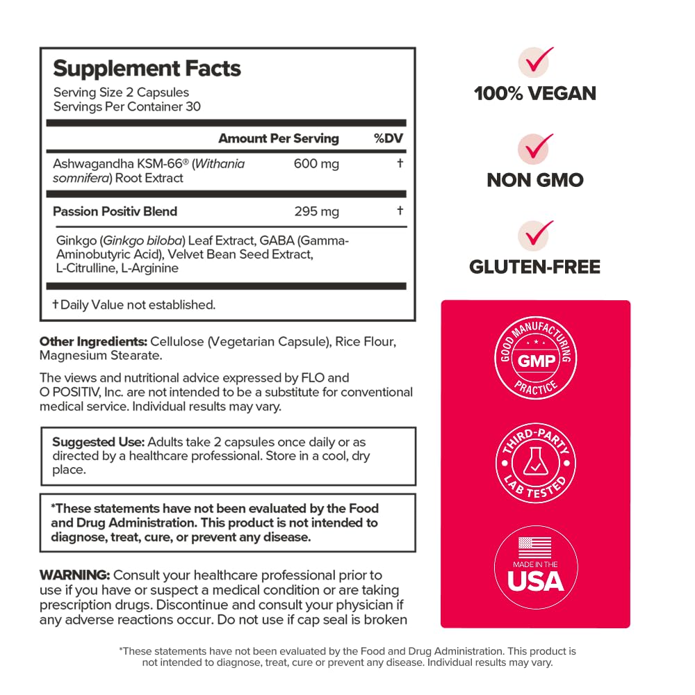 O Positiv URO Vaginal Moisture & Mood – Formulated to Support Vaginal Moisture, Mood & Relaxation – with KSM-66® Ashwagandha, Ginkgo Biloba, Mucuna pruriens, and GABA – 30 Servings