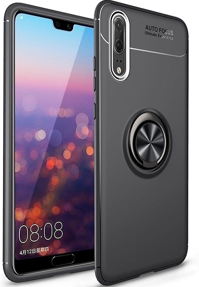 WATACHE Huawei P20 Case, Ring Kickstand Case 360 Degree Rotating Finger Ring Grip Drop Protection Shock Absorption Soft TPU Cover [Work with Magnetic Car Mount] for Huawei P20 -Black