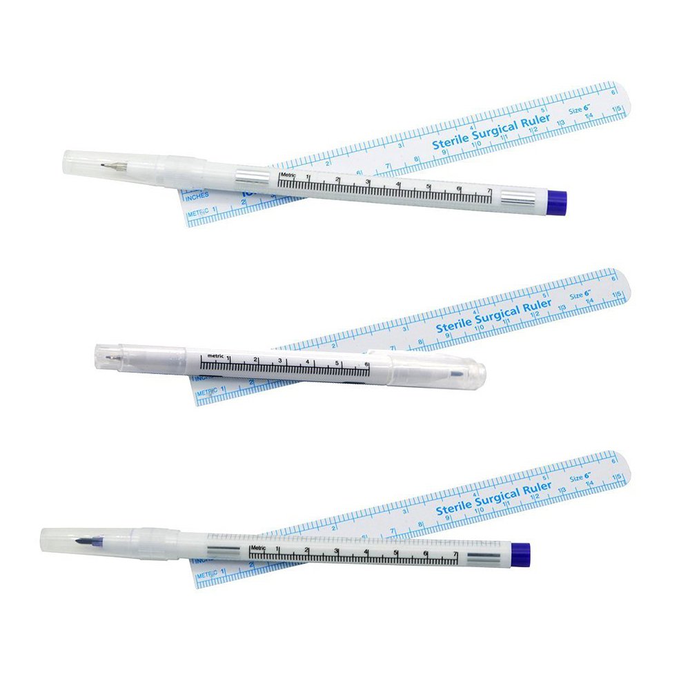 ZXUEZHENG 3Pcs Surgical Tip Markers Skin Marker Pen Tattoo Pen(0.5mm,1mm) with Paper Ruler (2 Single Head +1 Double Head)