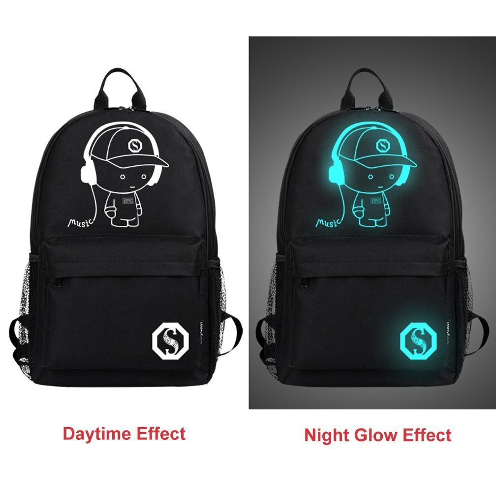 DOLIROX Luminous Schoolbag Anime School Backpack Shoulder Daypack Laptop Bag with USB Charging Port/Cable/Pencil Case and Password Lock for Travel Hiking (Large, Black A)