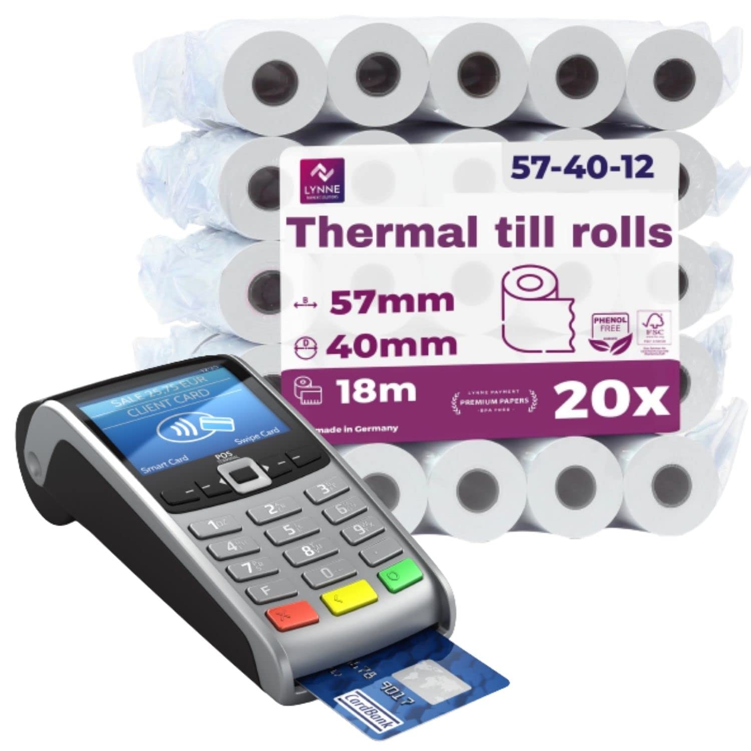 Lynne - Premium Till Rolls 57x40 Thermal [20x] - Card Machine Paper Rolls - Thermal Printer Paper PDQ Rolls - Thermal Paper for Receipt - 57mm x 40mm x 18m - BPA Free
