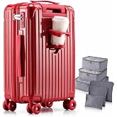 20" Hard Shell Carry On Luggage, Lightweight Suitcase with Wheels, Red | Airline Approved, PC Hardshell Carry-on with Cup Holder, 360&deg; Silent Rubber Spinner Wheels, TSA Lock, Telescopic Alloy Handle
