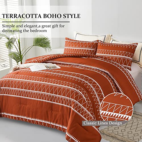 Terracotta Comforter Set Queen Size (90"×90"),Reversible Orange Boho