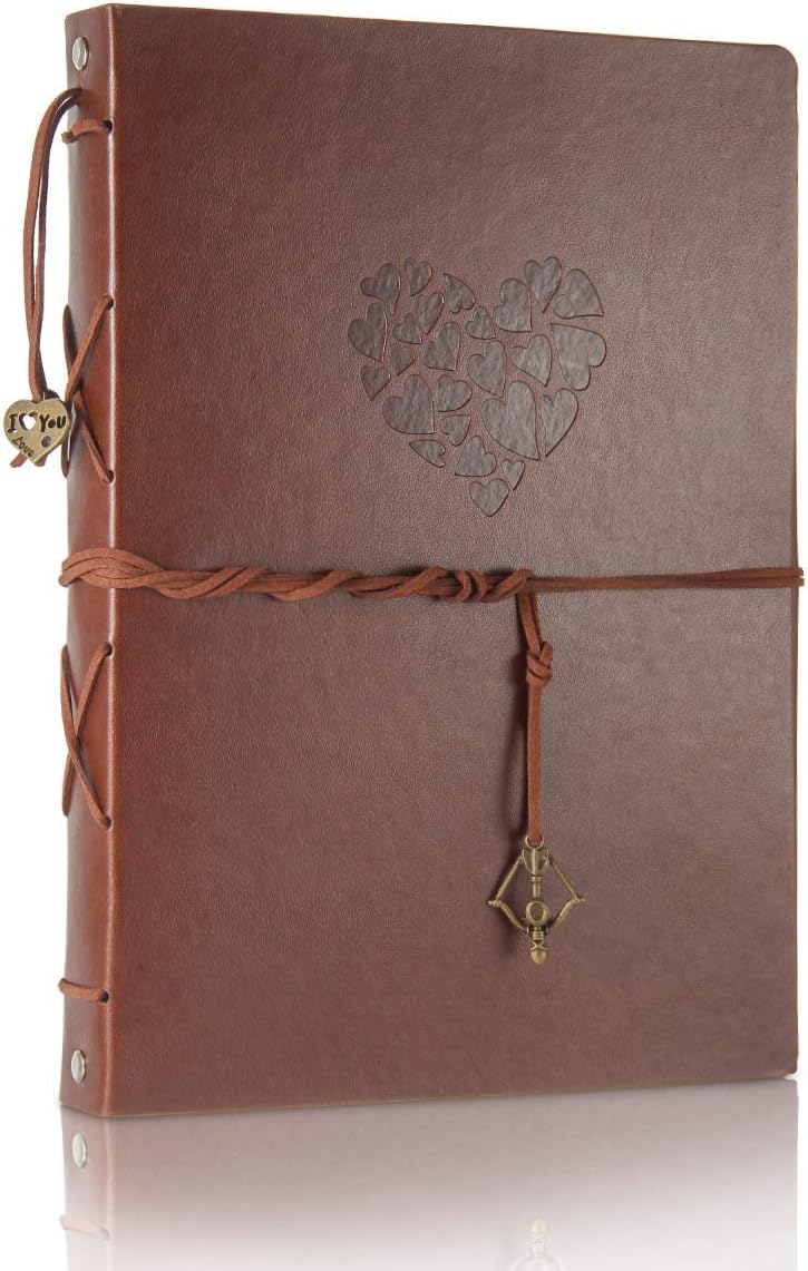 ThxMadam Scrapbook Album Leather Photo Album Vintage Wedding Guest Book DIY Memory Book with 60 Black Pages Present for Christmas Valentines Anniversary Mother's Day Birthday Gift for Mum Dad Friend