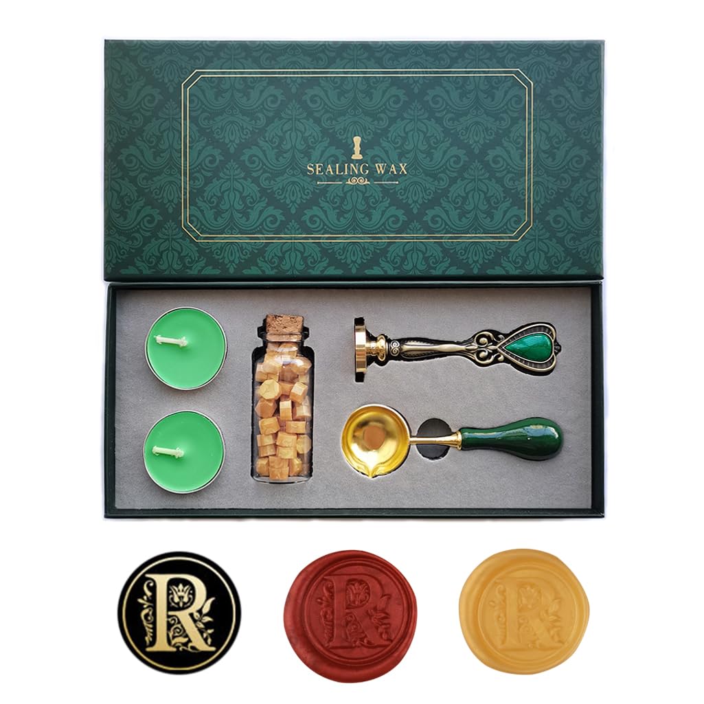 Fancy Letters R Wax Seal Stamp Set, AMTOL European style Wax Seal Stamp Kit Gift Box Set, Vintage Personalized Sealing Stamp for Letter Cards Invitations (R)