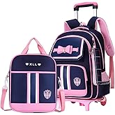 Rolling Backpack for Girls Cute Trolley Bags Primary School Bookbags with Wheels Kids Carry-On Wheeled Backpack with Lunch Bag